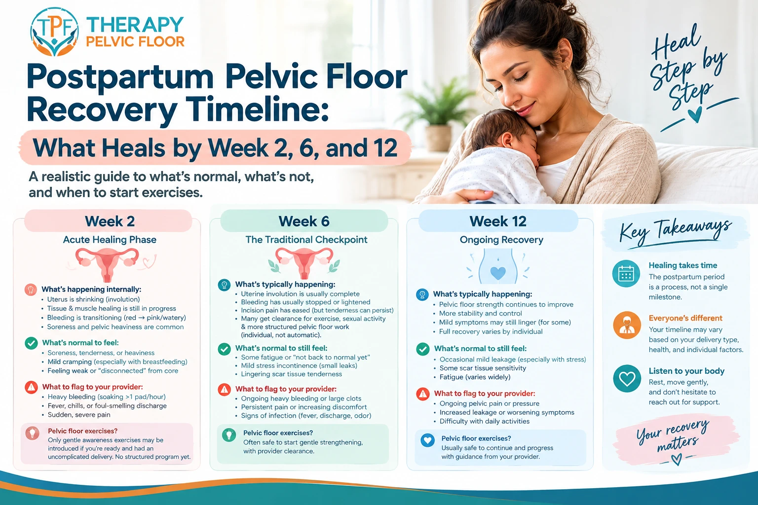 Postpartum Pelvic Floor Recovery Timeline: What Heals by Week 2, 6, and 12
